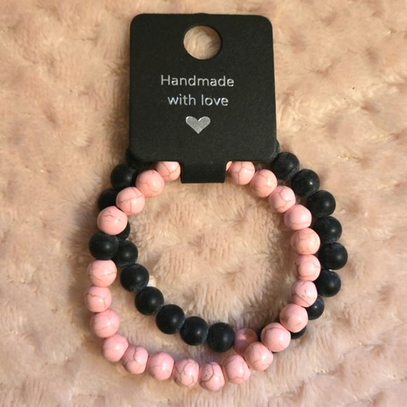 Couples Bracelet Set Marble 🩷🖤 Pink & Matte Black Beaded Bracelets ~ Handmade - Picture 1 of 3